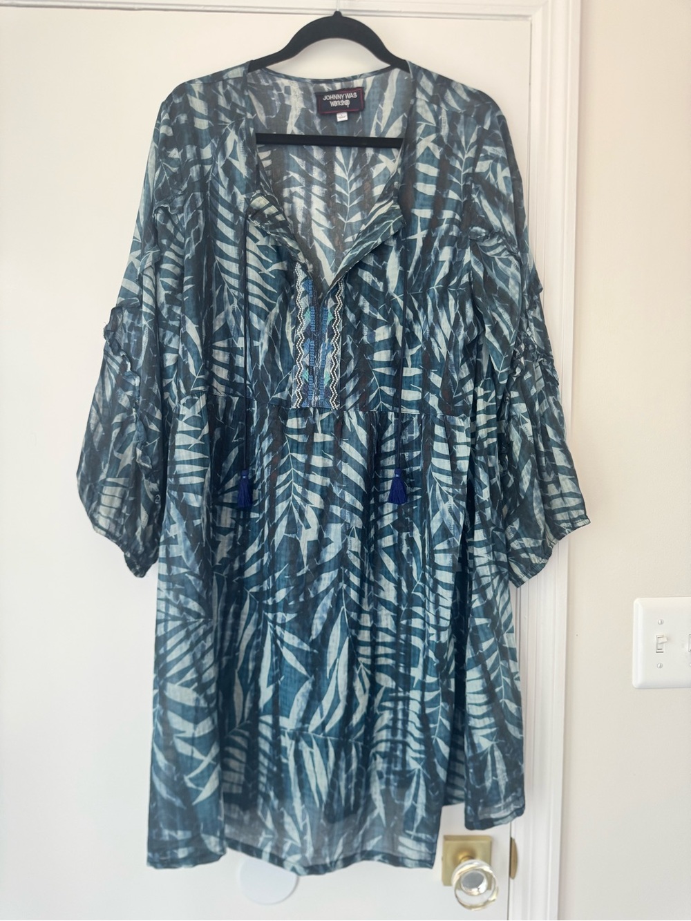 Johnny Was Teal and Navy Leaf-Print Tunic